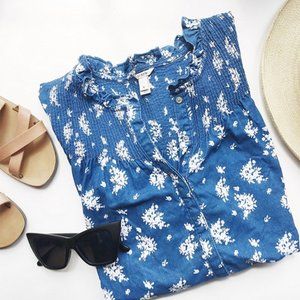 J. Crew Indigo Floral Peasant Popover Shirt Size 2